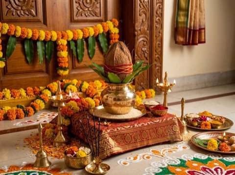 Auspicious Mangal Kalash Sthapana with coconut, mango leaves, and sacred mauli in Bangalore