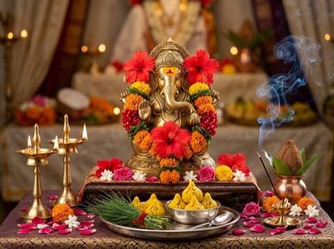 Lord Ganesha and Lakshmi Puja Samagri Kit with dhoop, deep, and flowers in Bangalore