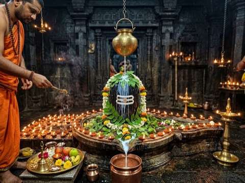 Lord Shiva Rudrabhishek Puja samagri setup with Shivling and flowers in Bangalore