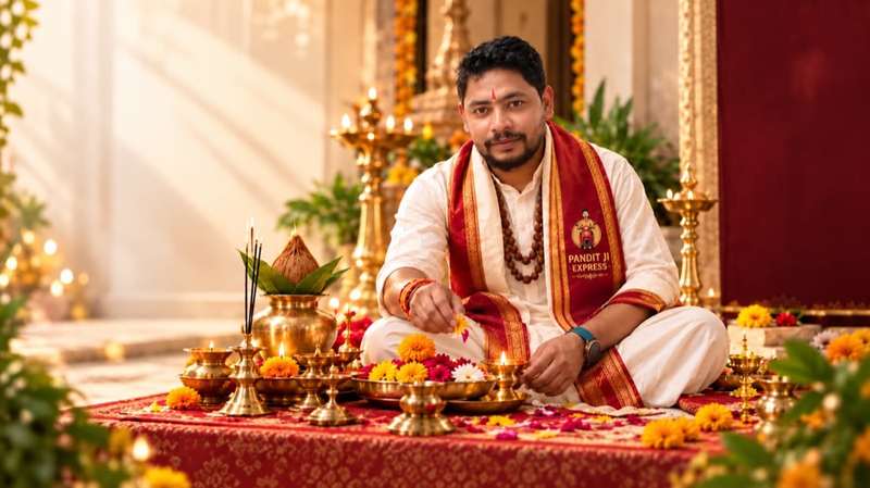 Vedic Pandit Ji performing sacred puja archana with brass lamps in Bangalore