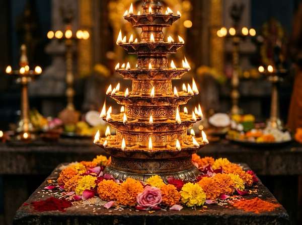 Auspicious glowing brass diyas and sacred lamps prepared for North Indian Vedic rituals in Bangalore
