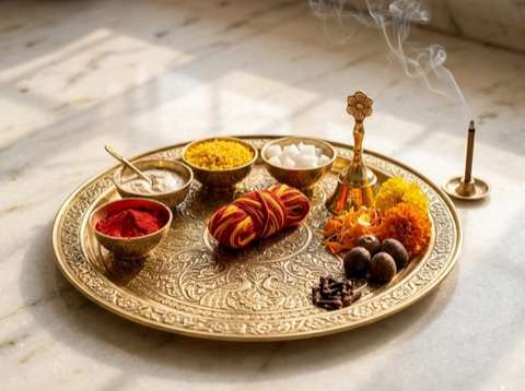 Complete 100% pure authentic Vedic Pooja Samagri Thali with brass diyas in Bangalore